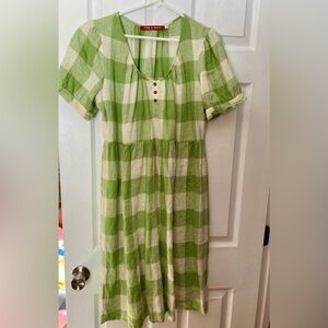 Green and Cream Checked Button Front Linen Dress